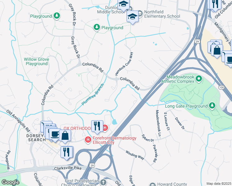 map of restaurants, bars, coffee shops, grocery stores, and more near 4539 Kingscup Ct in Ellicott City