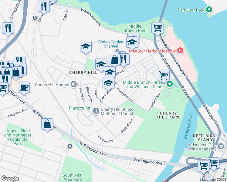 map of restaurants, bars, coffee shops, grocery stores, and more near 801 Bridgeview Road in Baltimore
