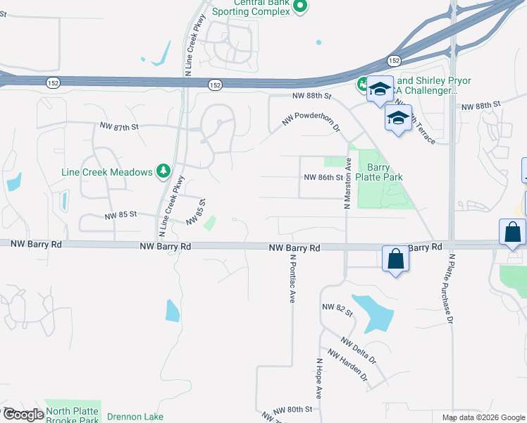 map of restaurants, bars, coffee shops, grocery stores, and more near 2700 Northwest Barry Road in Kansas City