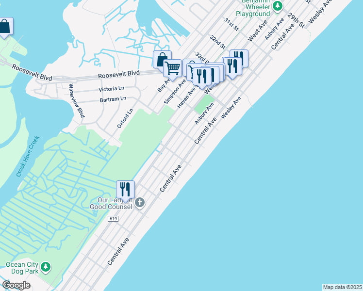 map of restaurants, bars, coffee shops, grocery stores, and more near 3633 Asbury Avenue in Ocean City