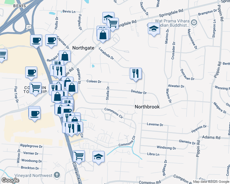 map of restaurants, bars, coffee shops, grocery stores, and more near 3268 Ainsworth Drive in Cincinnati