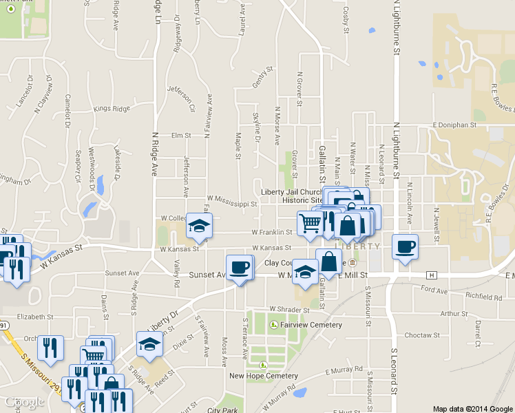map of restaurants, bars, coffee shops, grocery stores, and more near 129 High Street in Liberty