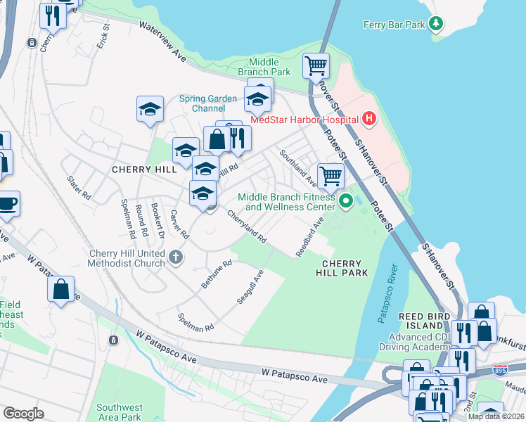 map of restaurants, bars, coffee shops, grocery stores, and more near 628 Roundview Road in Baltimore