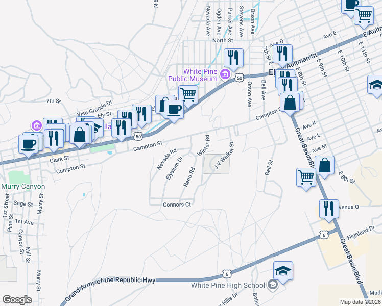 map of restaurants, bars, coffee shops, grocery stores, and more near 21 Reno Road in Ely