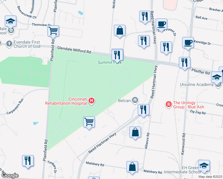 map of restaurants, bars, coffee shops, grocery stores, and more near 4351 Sycamore Creek Drive in Blue Ash