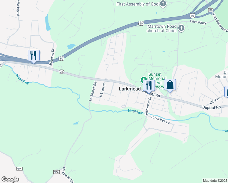 map of restaurants, bars, coffee shops, grocery stores, and more near Tracewell Avenue in Parkersburg