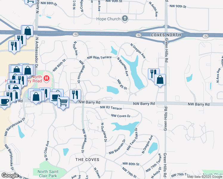 map of restaurants, bars, coffee shops, grocery stores, and more near 8430 North Overland Court in Kansas City