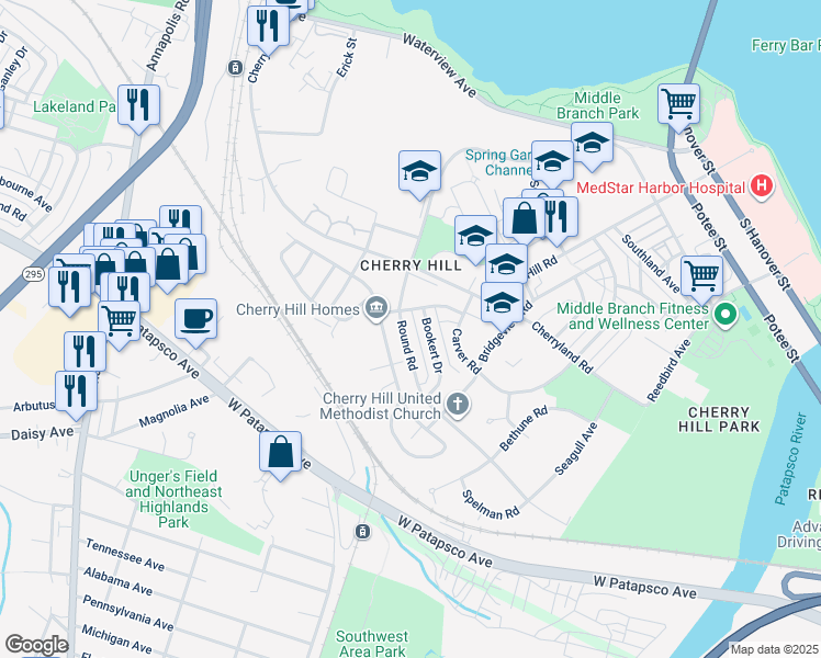 map of restaurants, bars, coffee shops, grocery stores, and more near 2721 Round Road in Baltimore