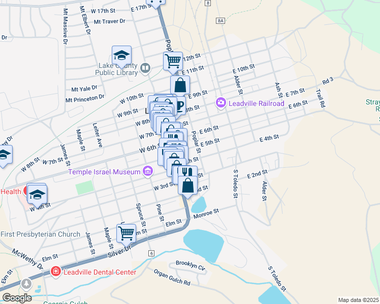 map of restaurants, bars, coffee shops, grocery stores, and more near 131 East 4th Street in Leadville