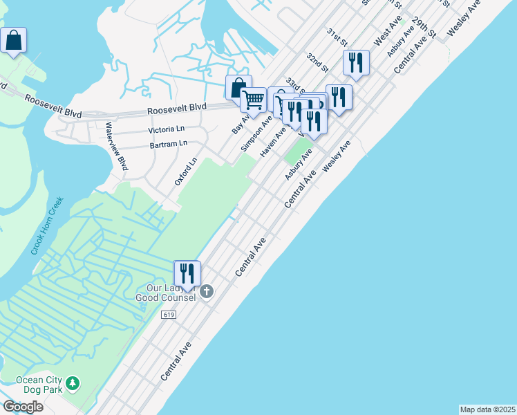map of restaurants, bars, coffee shops, grocery stores, and more near 403 37th Street in Ocean City