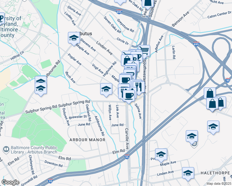 map of restaurants, bars, coffee shops, grocery stores, and more near 1326 Birch Avenue in Halethorpe