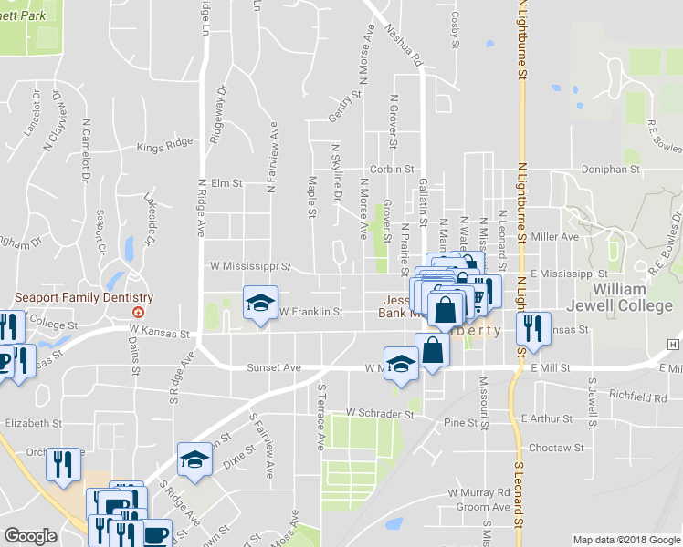 map of restaurants, bars, coffee shops, grocery stores, and more near 269 North High Street in Liberty