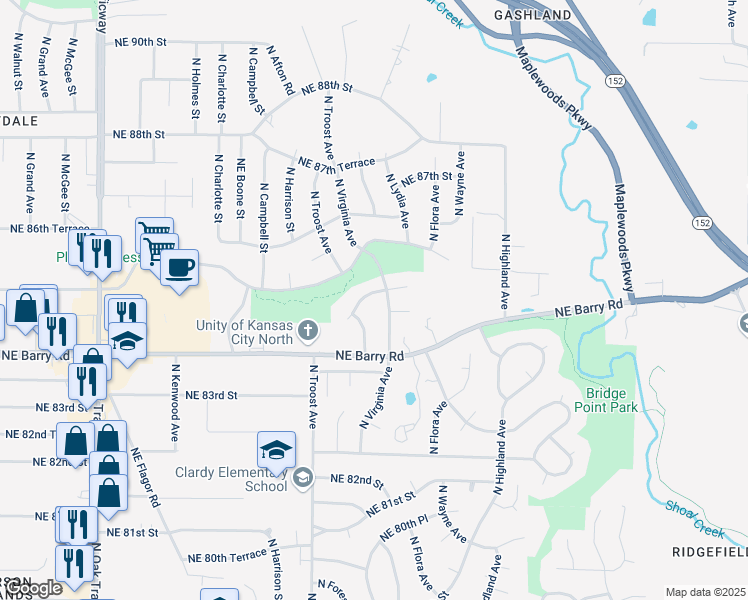 map of restaurants, bars, coffee shops, grocery stores, and more near 1209 Northeast 84th Terrace in Kansas City
