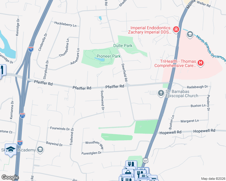 map of restaurants, bars, coffee shops, grocery stores, and more near 7846 Westwind Lane in Cincinnati