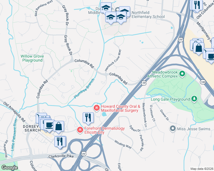 map of restaurants, bars, coffee shops, grocery stores, and more near 4523 Kingscup Court in Ellicott City