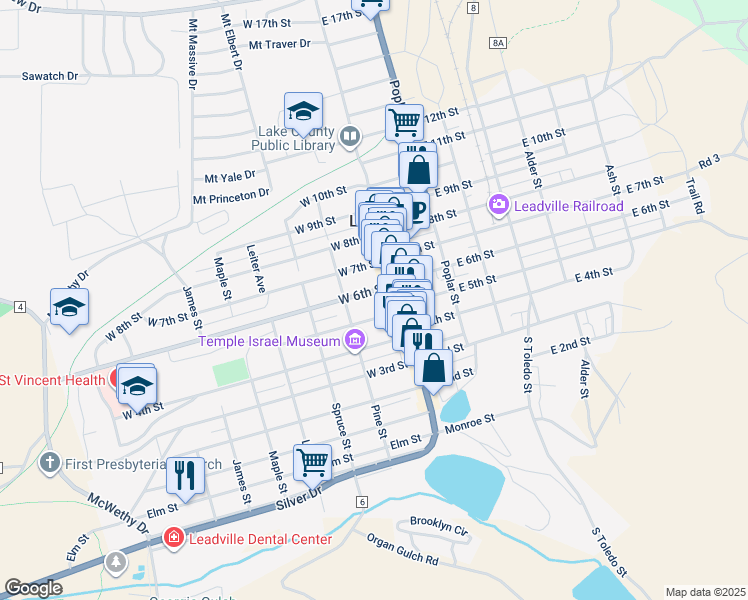 map of restaurants, bars, coffee shops, grocery stores, and more near 145 West 5th Street in Leadville