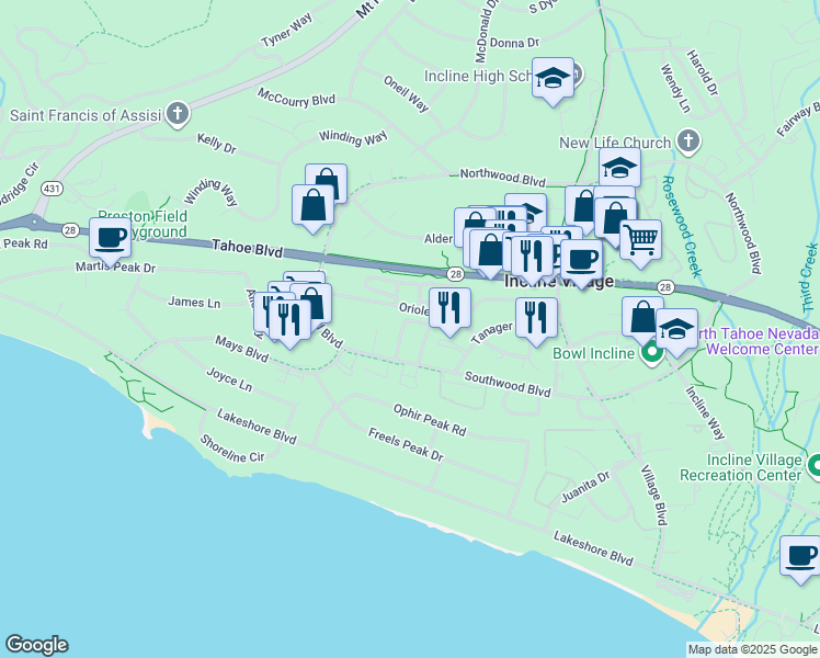 map of restaurants, bars, coffee shops, grocery stores, and more near 209 Robin Drive in Incline Village
