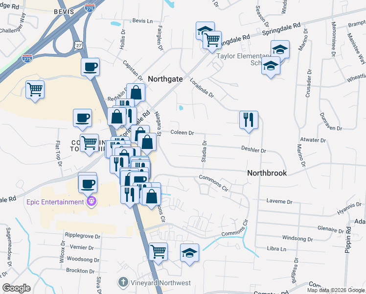 map of restaurants, bars, coffee shops, grocery stores, and more near 3369 Ainsworth Drive in Cincinnati