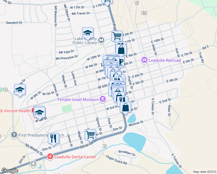 map of restaurants, bars, coffee shops, grocery stores, and more near 117 West 7th Street in Leadville