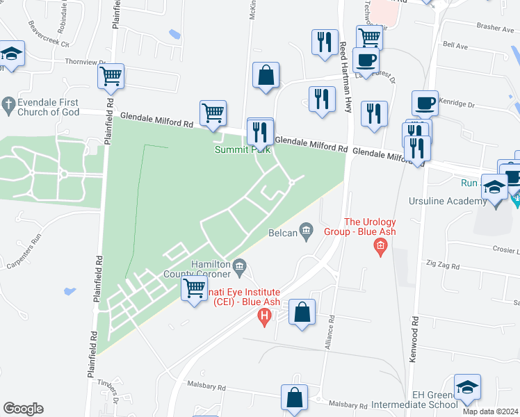map of restaurants, bars, coffee shops, grocery stores, and more near 4351 Sycamore Creek Drive in Blue Ash