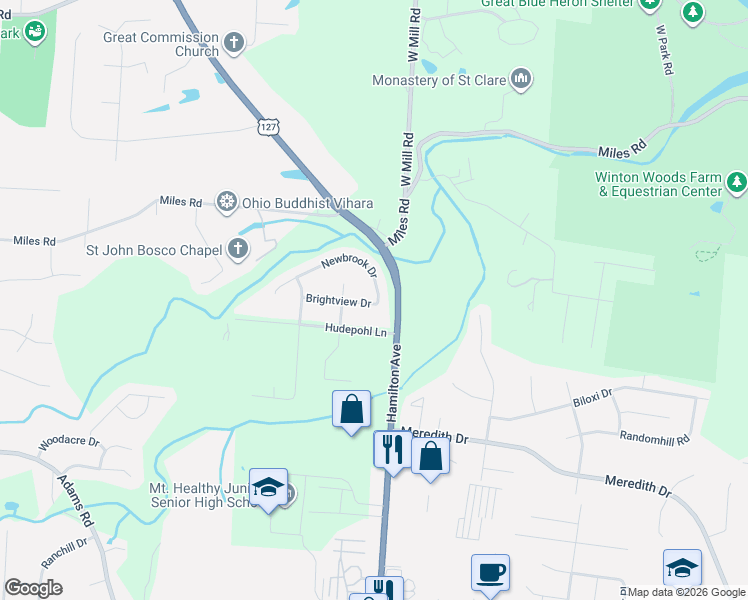 map of restaurants, bars, coffee shops, grocery stores, and more near 1634 Newbrook Drive in Cincinnati