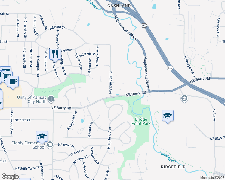 map of restaurants, bars, coffee shops, grocery stores, and more near 8525 North Highland Avenue in Kansas City
