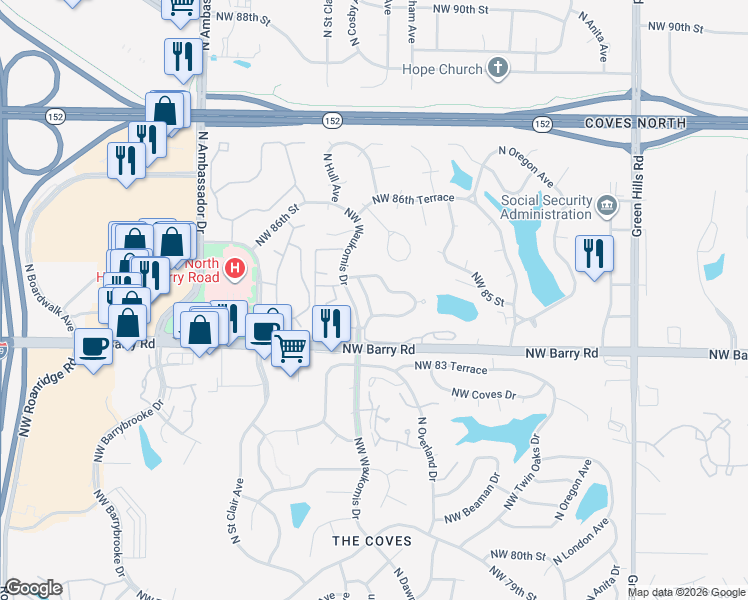 map of restaurants, bars, coffee shops, grocery stores, and more near 8511 North Chatham Avenue in Kansas City