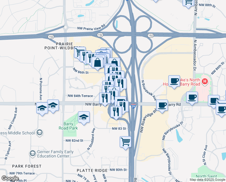 map of restaurants, bars, coffee shops, grocery stores, and more near in Kansas City