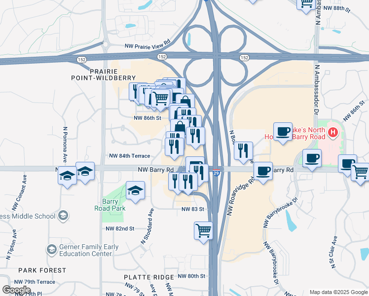 map of restaurants, bars, coffee shops, grocery stores, and more near 8450 Northwest Prairie View Road in Kansas City