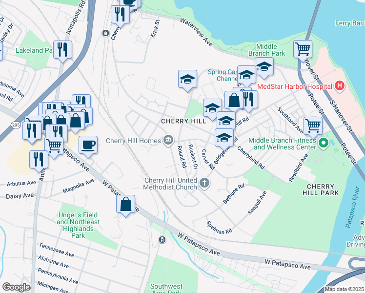 map of restaurants, bars, coffee shops, grocery stores, and more near 2713 Round Road in Baltimore