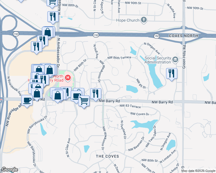 map of restaurants, bars, coffee shops, grocery stores, and more near 8511 North Chatham Avenue in Kansas City