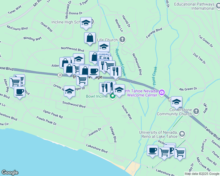map of restaurants, bars, coffee shops, grocery stores, and more near 931 Tahoe Boulevard in Incline Village
