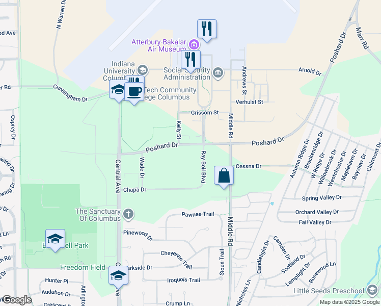 map of restaurants, bars, coffee shops, grocery stores, and more near 4400 Ray Boll Boulevard in Columbus