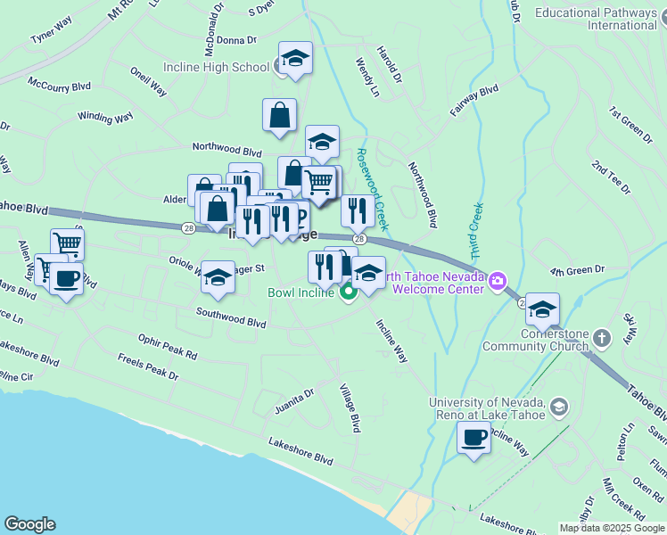 map of restaurants, bars, coffee shops, grocery stores, and more near 920 Incline Way in Incline Village