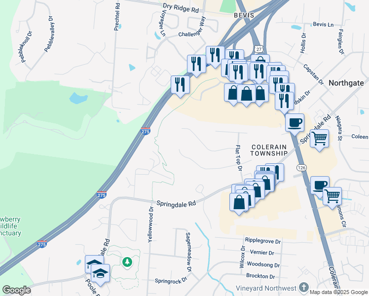 map of restaurants, bars, coffee shops, grocery stores, and more near 3769 Sagebrush Lane in Cincinnati