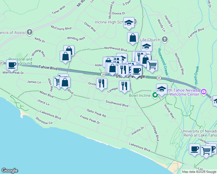 map of restaurants, bars, coffee shops, grocery stores, and more near 865 Tahoe Boulevard in Incline Village
