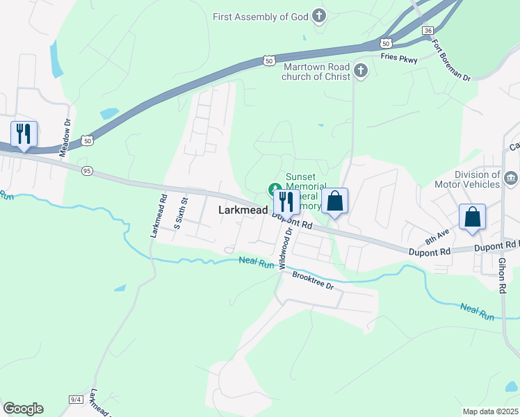 map of restaurants, bars, coffee shops, grocery stores, and more near Dupont Road in Parkersburg