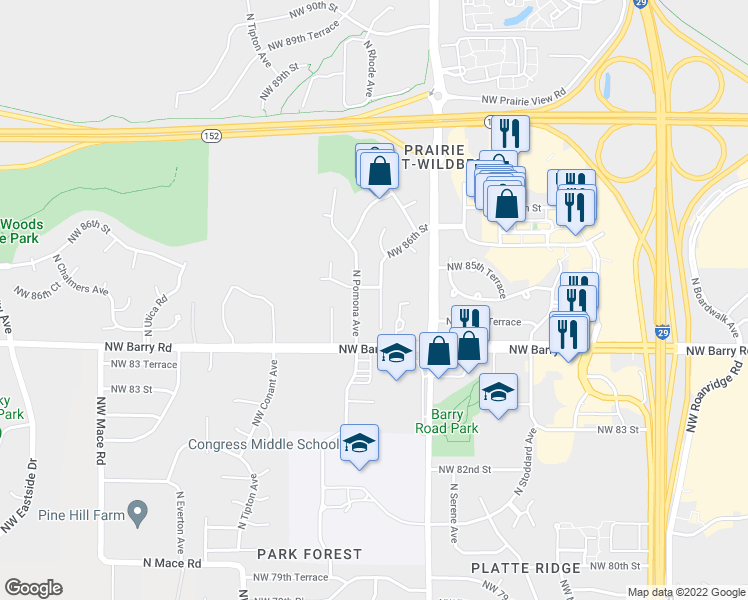 map of restaurants, bars, coffee shops, grocery stores, and more near 8515 North Pomona Avenue in Kansas City