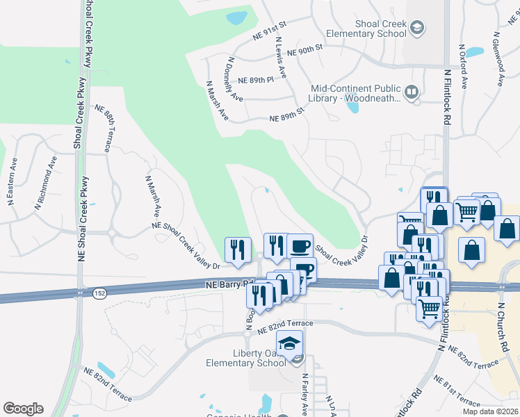 map of restaurants, bars, coffee shops, grocery stores, and more near 8628 North Lewis Avenue in Kansas City
