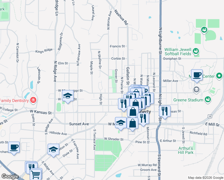 map of restaurants, bars, coffee shops, grocery stores, and more near 202 North Morse Avenue in Liberty