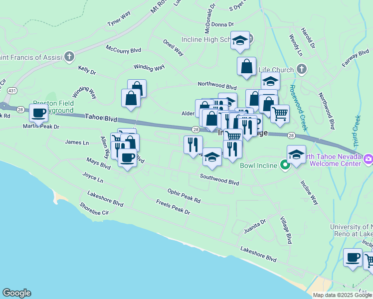 map of restaurants, bars, coffee shops, grocery stores, and more near 830 Oriole Way in Incline Village