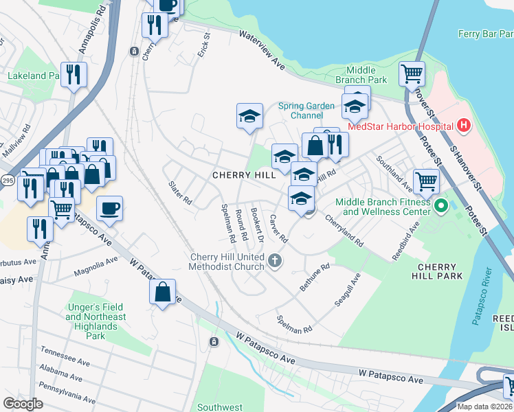 map of restaurants, bars, coffee shops, grocery stores, and more near 2707 Bookert Drive in Baltimore