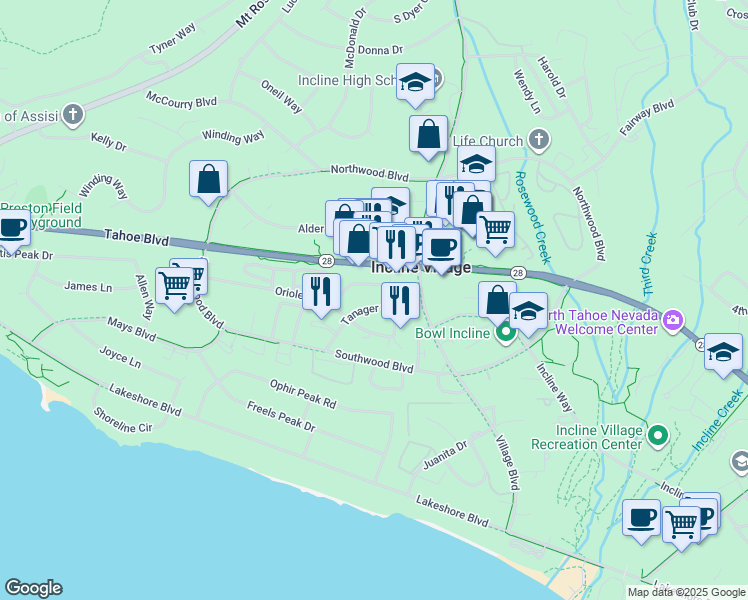 map of restaurants, bars, coffee shops, grocery stores, and more near 876 Tanager Street in Incline Village