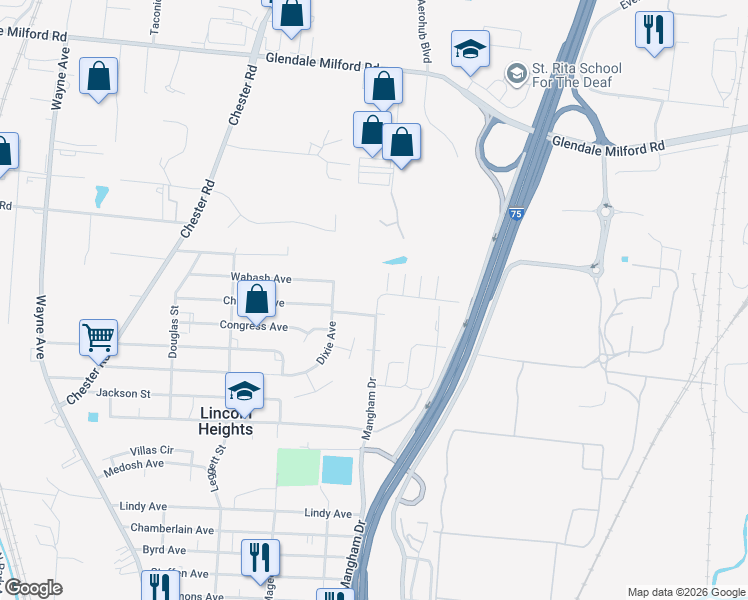 map of restaurants, bars, coffee shops, grocery stores, and more near 10108 Shivers Court in Cincinnati