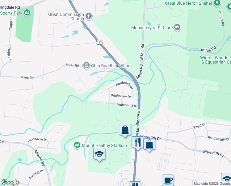 map of restaurants, bars, coffee shops, grocery stores, and more near 1705 Newbrook Drive in Cincinnati