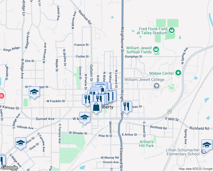 map of restaurants, bars, coffee shops, grocery stores, and more near 301 North Water Street in Liberty