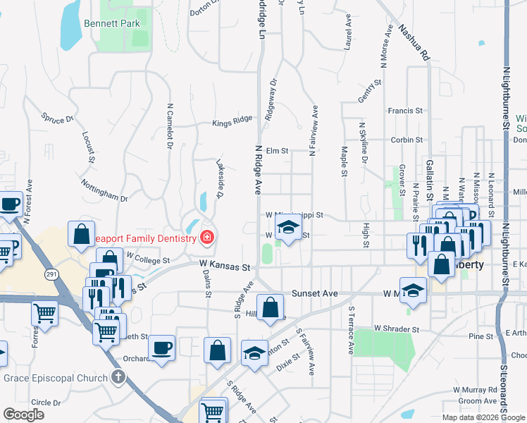map of restaurants, bars, coffee shops, grocery stores, and more near 721 Walnut Street in Liberty