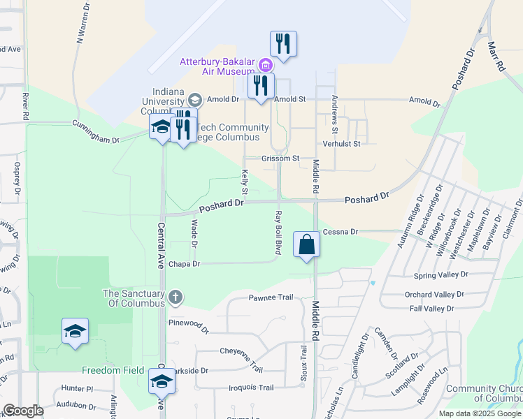 map of restaurants, bars, coffee shops, grocery stores, and more near 4400 Ray Boll Boulevard in Columbus
