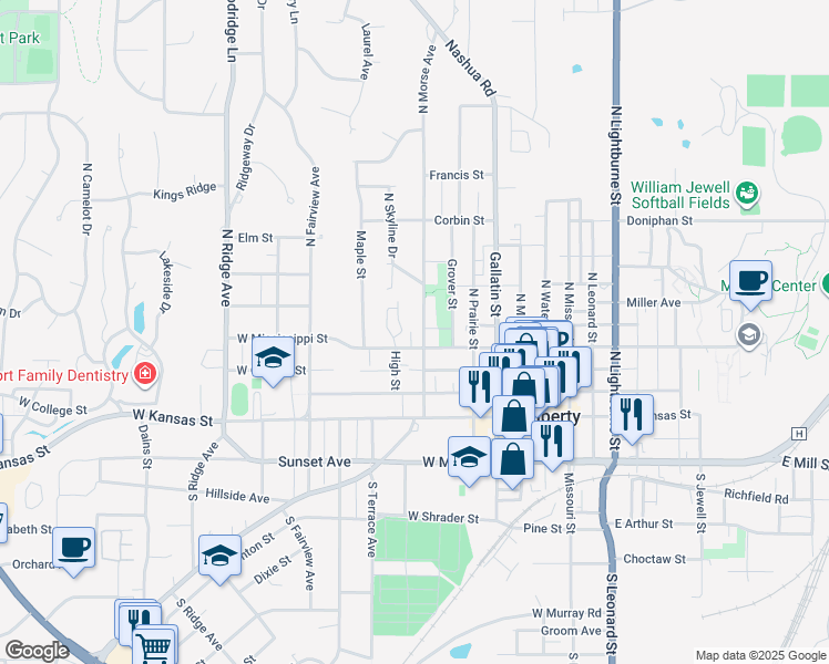 map of restaurants, bars, coffee shops, grocery stores, and more near 208 North Morse Avenue in Liberty