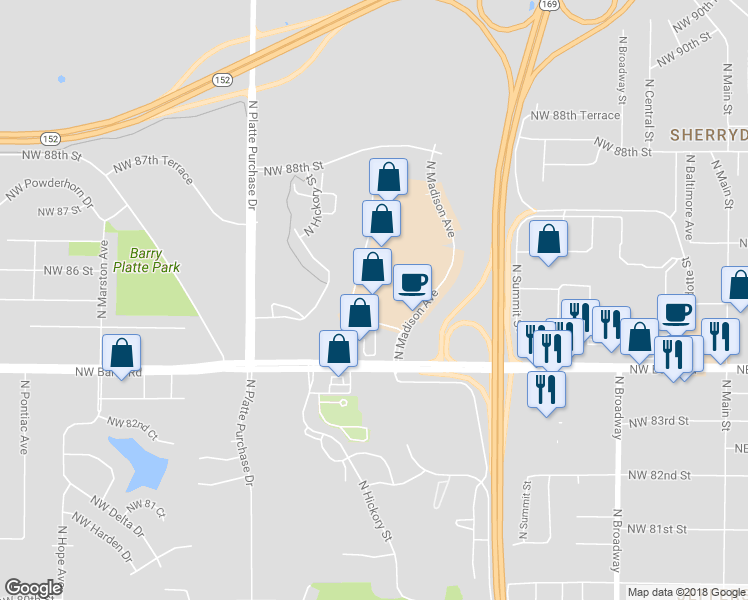 map of restaurants, bars, coffee shops, grocery stores, and more near 8420 North Madison Avenue in Kansas City